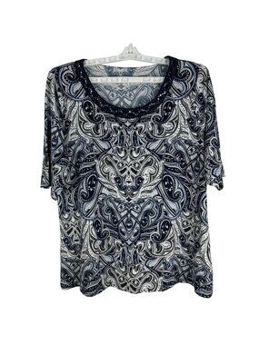 Rockmans Womens L Paisley Top Multi-Colored Embellished Scoop Neck Short Sleeves
